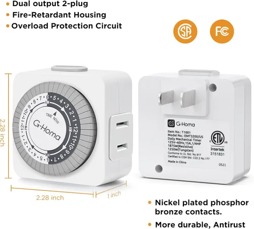 Miniatura 4 de G-Homa Temporizadores para Tomas Eléctricas, Temporizador Mecánico Enchufable para Interiores de 24 Horas, Intervalos de 30 Minutos, Ciclo Diario