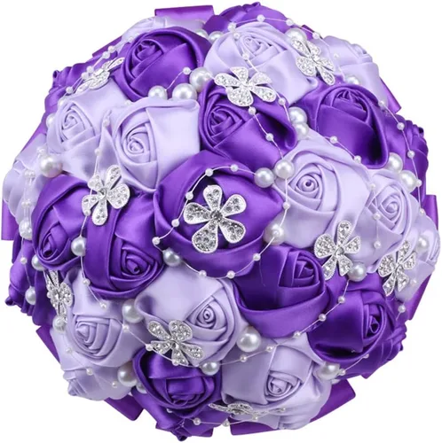 Miniatura 44 de Sharebeauty Ramo de novia de satén hecho a mano de 5.9 pulgadas, ramo de boda, ramo de flores artificiales, color azul claro + blanco W224