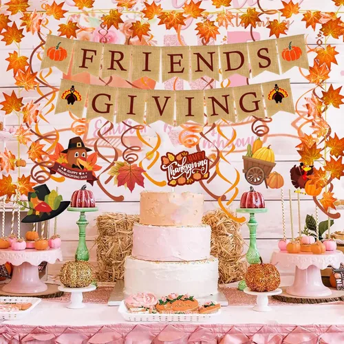 Miniatura 5 de Famoby Friendgiving - Cartel de arpillera de papel triangular de hoja de arce, guirnalda de plástico para decoración de fiesta del día de Acción