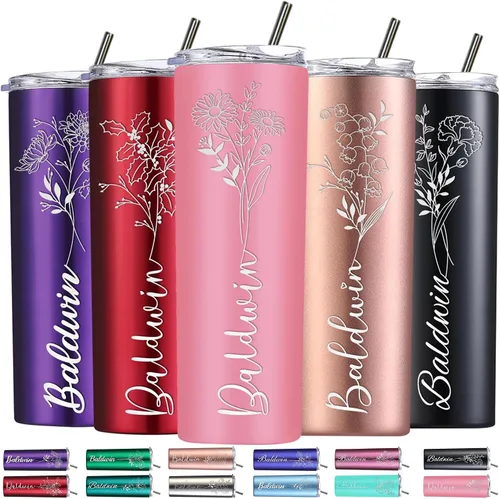 Miniatura 11 de Regalos personalizados para mujer, vaso personalizado grabado con flor de nacimiento de 20 onzas, vaso delgado con nombre personalizado con tapas