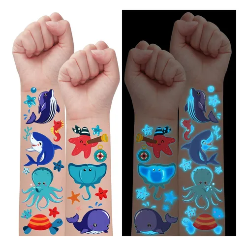 Partywind Tatuajes temporales azules luminosos bajo el mar para niños, 170 estilos que brillan en el océano, playa, piscina, fiesta de cumpleaños,