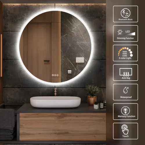 Miniatura 6 de S·BAGNO - Espejo de baño LED redondo de 24 pulgadas con luces, espejo de tocador antivaho montado en la pared, 3000 K/4000 K/6500 K, espejo