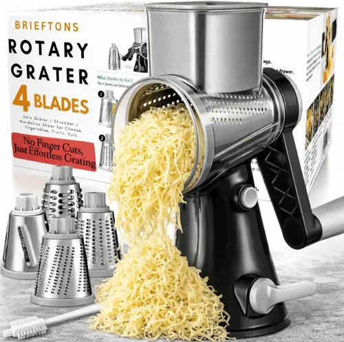 Brieftons Rallador de queso giratorio de 4 cuchillas, cortador de alimentos de cocina con asa, cortador de verduras de mandolina, molinillo de