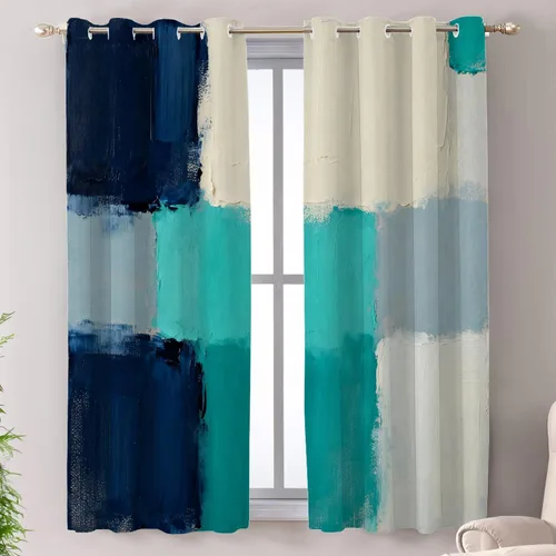 Miniatura 185 de Shrahala Beige and Orange Abstract Art Brushstrokes Blackout Curtain Tiers, Abstract Oil Paint Kitchen Valance Light Blocking Tier Drapes with Rod
