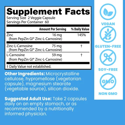 Miniatura 4 de Doctor's Best PepZin GI, complejo de zinc-L-carnosina, sin OMG, vegano, sin gluten, sin soja, soporte digestivo, 120 cápsulas vegetales