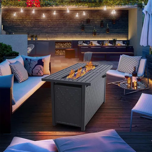 Miniatura 6 de PHI VILLA Mesa para fogata de gas, 45 pulgadas, rectangular, grande, larga, para exteriores, propano 50000 BTU, mesa de fuego con tapa y vidrio azul