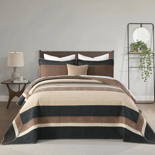 Miniatura 2 de Finlonte Colcha tamaño Queen, 100% algodón, cubrecamas de gran tamaño, tamaño Queen, color marrón carbón, beige, acolchado, a rayas, estilo granja