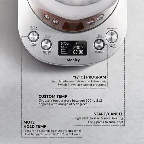 Miniatura 5 de Mecity Tetera eléctrica de vidrio de borosilicato con control de temperatura e infusor - Pantalla LCD y programas de preparación preestablecidos