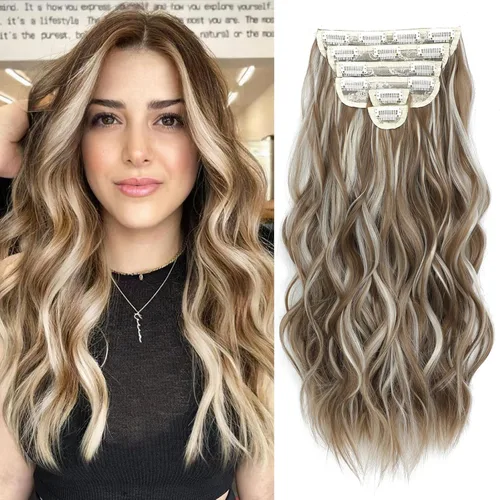 Miniatura 41 de Fliace Extensiones de cabello con clip para mujer, extensiones de cabello ondulado largo de color marrón medio, extensiones de cabello sintético