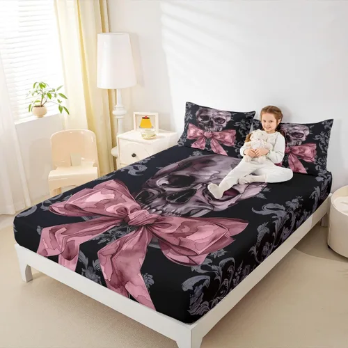 Miniatura 24 de Erosebridal Sábanas de cama de polilla de la muerte, sábana bajera ajustable de calavera gótica, tamaño individual, sábanas florales de flores