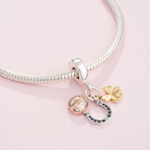 Miniatura 4 de PANDORA Joyería colgante de herradura trébol y mariquita en plata de ley oro de 18 quilates y oro rosa de 14 quilates Metal Circonita cúbica