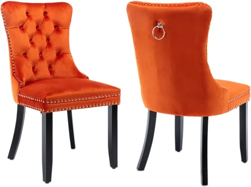 Miniatura 27 de Juego de 2 sillas de comedor de terciopelo, sillas decorativas tapizadas con botón acolchonado, ribete de cabeza de clavo y tirador de anillo Naranja