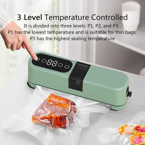 Miniatura 3 de Máquina selladora al vacío compacta, sistema automático inteligente de conservación de alimentos para carne, queso y preparación de comidas (beige)