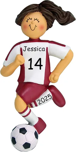 Miniatura 13 de Adorno de Navidad personalizado de fútbol, uniforme blanco y negro, niña, cabello rubio, bola de regate, resina pintada a mano, 4.5 pulgadas