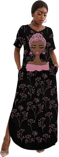 FZNHQL Vestido largo de manga corta con cuello en V para mujer, color negro, estampado de melanina africana, casual, floral, vestido largo