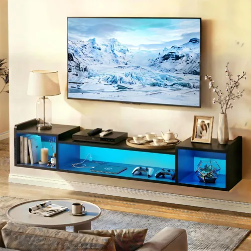 Miniatura 12 de Romorgniz - Soporte de TV flotante de 55.1 pulgadas de ancho con luces LED y tomas de corriente para televisores de 50, 55, 60, 65 pulgadas, centro