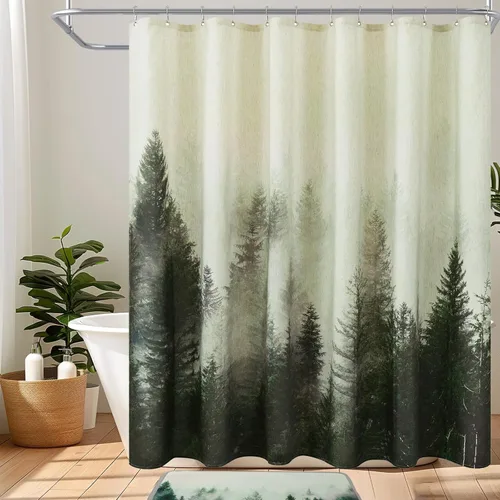 Miniatura 13 de ORTIGIA Cortina de ducha con diseño de bosque de montaña, tela de lino de mezcla pesada, árbol natural negro, cortina de baño de bosque brumoso, 60