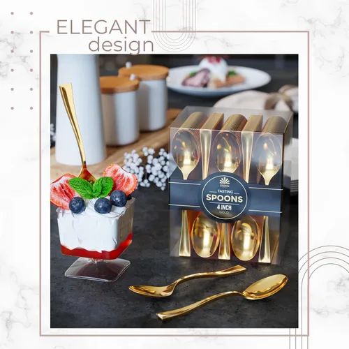 Miniatura 5 de Exquisite Minicucharas para Postres - Paquete de 200 Minicucharas de Oro para Postres – Desechables de 11.4 cm de Plástico para Aperitivos, Aspecto