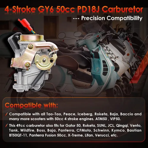Miniatura 3 de Carburador GY6 50cc PD18J 18mm Compatible con 4 tiempos 49cc 50cc 80cc 139QMB 139QMA Motor de Ciclomotor para Scooter Taotao Kymco con Filtro
