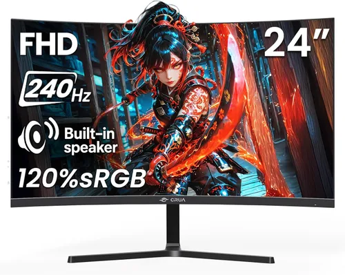 CRUA - Monitor de juegos curvo de 24", 240Hz, FHD 1920 x 1080P, compatible con 120% sRGB, AMD FreeSync, bajo desenfoque de movimiento, compatible