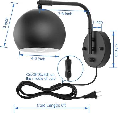 Miniatura 5 de VATONI Apliques de pared enchufables, Apliques de pared regulables con brazo oscilante con cable de enchufe y interruptor de regulación y Negro
