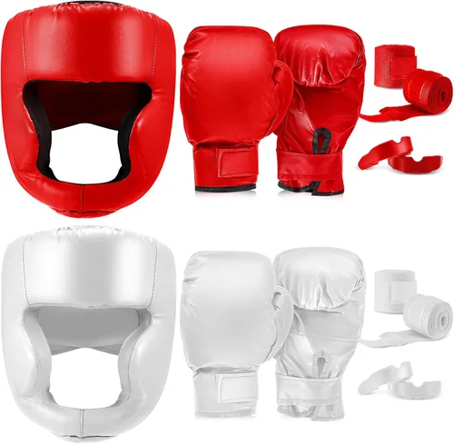 Miniatura 10 de Kanayu Juego de 14 piezas de guantes de boxeo de 16 onzas, casco para la cabeza, envolturas de mano, protectores bucales, equipo de Navidad