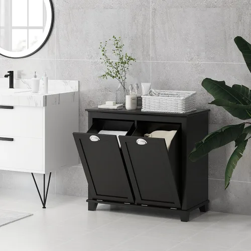 Miniatura 7 de HOMCOM Gabinete de lavandería con doble inclinación, armario de almacenamiento de baño con canasta de 2 compartimentos, gabinete de baño moderno
