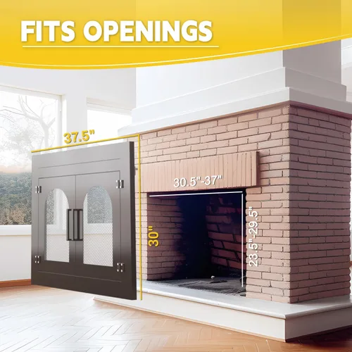 Miniatura 2 de TOCRETOARE Puerta de chimenea, puertas de lugares de fuego con pantalla y decoración de vidrio, protector de malla de hierro para chimeneas