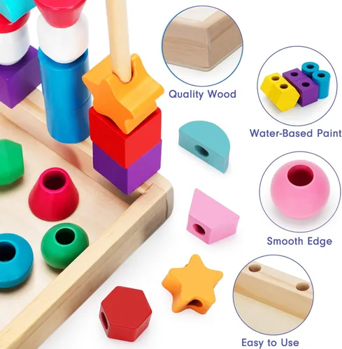Miniatura 8 de TooyBing Montessori - Juguetes de madera con cordones para niños pequeños de 3 a 4 años, juguete de bloques de secuenciación y apilamiento con caja