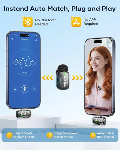 Miniatura 2 de Mini micrófonos inalámbricos Lavalier para iPhone iPad Android con funda de carga, micrófono de solapa USB C con reducción de ruido y modo cambiador