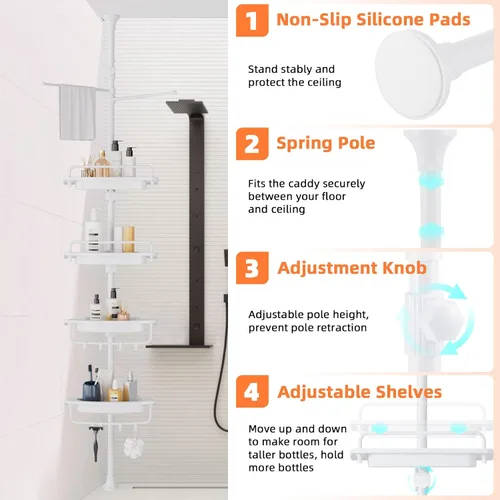 Miniatura 4 de XLHOMO Organizador de Ducha de Esquina con Barra de Tensión de 32 a 122 pulgadas, Todo Blanco, Estantes de Ducha Inoxidables Sin Taladro para Baño