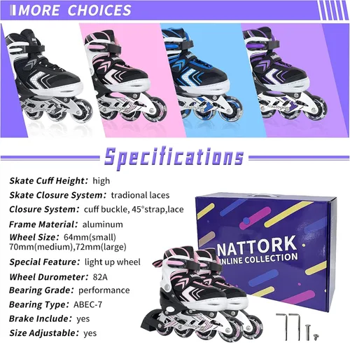Miniatura 7 de Patines en línea NATTORK para niños, niñas y niños con ruedas completamente iluminadas, patines ajustables seguros y duraderos, patines para Negro