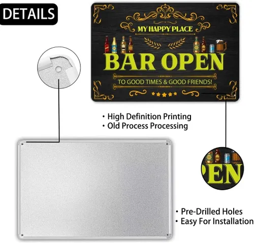 Miniatura 2 de Letrero de metal vintage con texto en inglés «My Happy Place Bar Open To Good Times & Good Friends», letreros divertidos de cerveza para el hogar