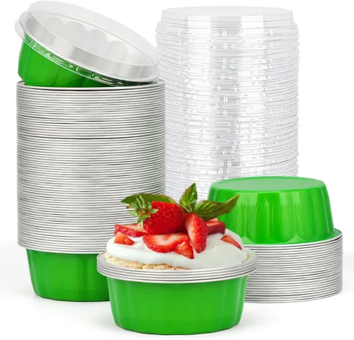 Miniatura 88 de Beasea Ramequines con tapas, 8oz 50 unidades de tazas de aluminio desechables para hornear, tazas de papel de aluminio plateado para creme brulee