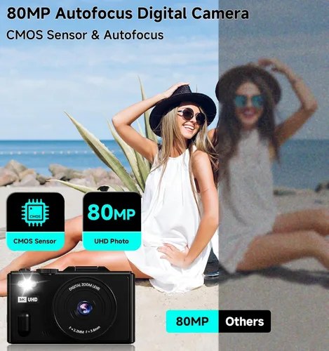 Miniatura 3 de Cámara digital, cámara de viaje UHD 5K de 80MP, cámaras compactas con zoom 18X, cámara de vlogging para YouTube con pantalla abatible de 3" 180°