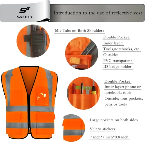 Miniatura 2 de sesafety Chaleco de seguridad con 9 bolsillos, chaleco reflectante de alta visibilidad, chaleco de seguridad, chaleco de trabajo para hombres