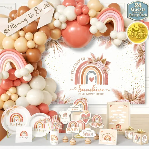 408 piezas de decoraciones bohemias para baby shower, telón de fondo, guirnalda de arco de globos, platos, servilletas, pajitas, banda, decoración