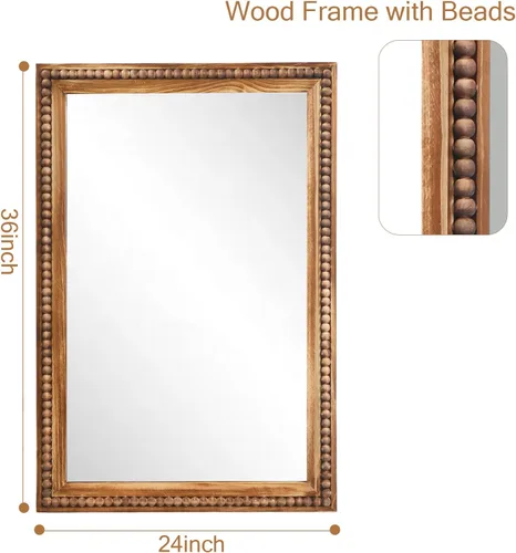 Miniatura 7 de ULIKE Espejo rectangular de madera con marco de cuentas de madera natural, 24 x 36 pulgadas, espejo de pared rústico de granja para baño, guardería