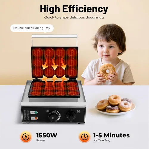 Miniatura 2 de Máquina eléctrica de donas, 12 agujeros, máquina comercial de donas de 110 V, 1500 W, calefacción de doble cara, antiadherente, eléctrica, mini