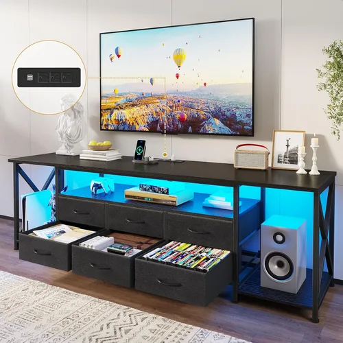 Miniatura 12 de BTHFST Soporte de TV con luces LED y tomas de corriente, para televisores de hasta 85 pulgadas, 6 cajones de tela, centro de entretenimiento