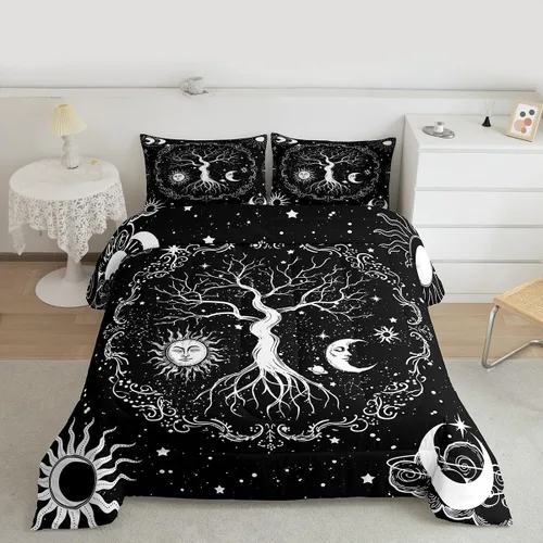 Miniatura 3 de Erosebridal Juego de ropa de cama con diseño de árbol de la vida, juego de edredón de sol y luna, ropa de cama gótica bohemia tamaño individual, 2