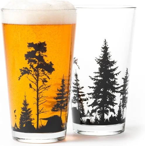 Black Lantern Juego de 2 vasos de pinta – Forest & Mountain Camping 16oz serigrafiados vasos de cerveza artesanal – Vasos temáticos de naturaleza al