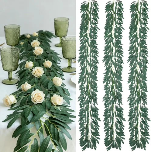 Miniatura 8 de Dallisten 3 hebras de enredaderas artificiales de ruscus italiano, guirnalda de vid de seda de 73 pulgadas con hojas verdes, plantas colgantes