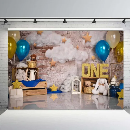 Miniatura 8 de MEHOFOTO - Telón de fondo para estudio fotográfico de un cumpleaños, globos y estrellas de nube, decoración retro para fiesta de primer cumpleaños
