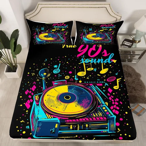 Sábana bajera ajustable de los años 80 y 90, diseño retro de tocadiscos, para niños y adolescentes, juegos de ropa de cama de música hip pop, notas