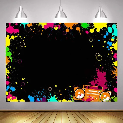 Miniatura 6 de Fondos de fotografía de neón brillantes para fiestas Let's Glow Splatter Fondo fotográfico de 5 x 3 pies, luz negra, colorido, rayo láser, disco