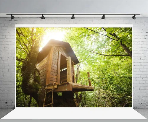 Miniatura 4 de Laeacco Fondo de vinilo de 7 x 5 pies, fondo de fotografía, casa de árbol de madera, tronco enorme, bosque tropical, verano, primavera, hojas