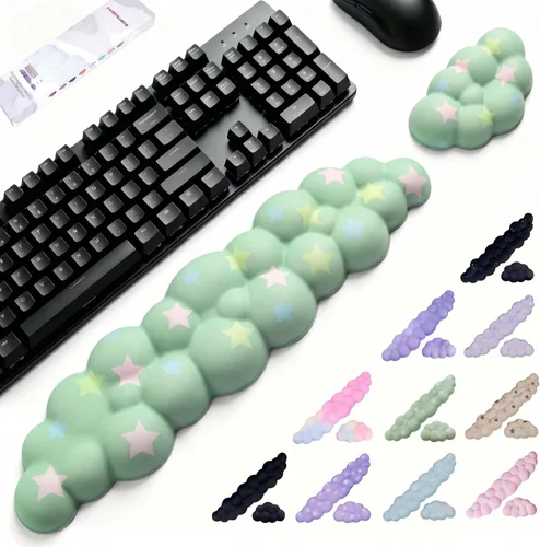 Miniatura 12 de Set de reposamuñecas Cloud para teclado y mouse, incluye bonito portavasos, para computadoras y laptops (Set Estrella Púrpura)