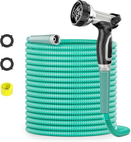 Miniatura 13 de SPECILITE Manguera de jardín de acero inoxidable 304 de 25 pies, tubería de agua resistente con boquillas para patio, exterior, flexible, nunca se