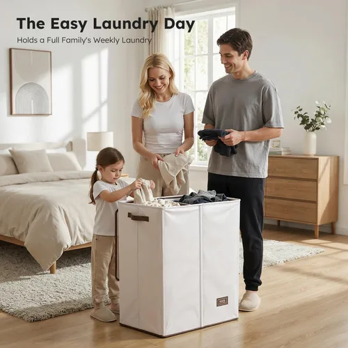 Miniatura 3 de SOLEDI Cesta de lavandería de lujo doble con tapa y bolsas removibles, cesta grande para lavandería, cesta de lavandería de 2 secciones, cesta